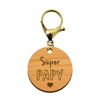 Porte-clé en bois - Super Papy mousqueton doré