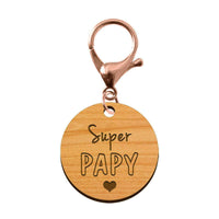 Porte-clé en bois - Super Papy mousqueton rose