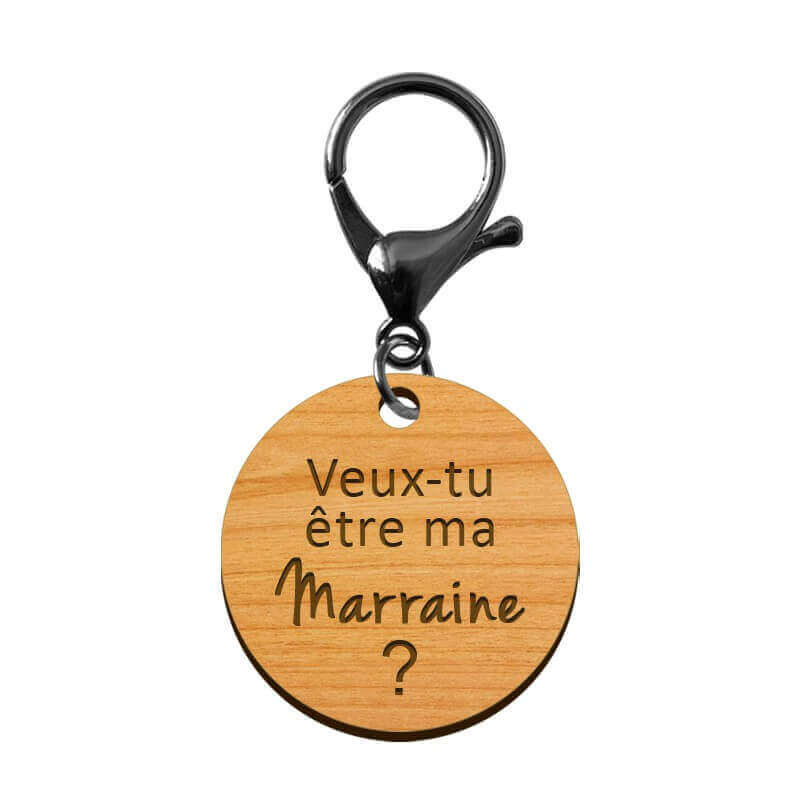 Porte clé en bois - Veux-tu être ma Marraine avec mousqueton noir
