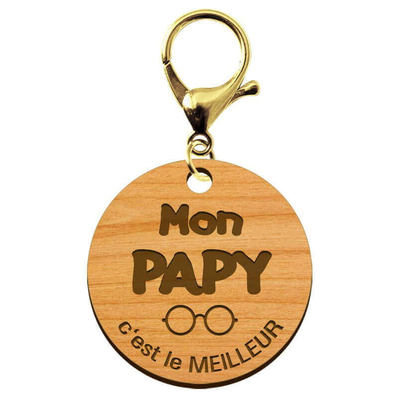 Porte-clé cadeau PAPY personnalisable en bois "Mon PAPY c'est le meilleur" mousqueton doré