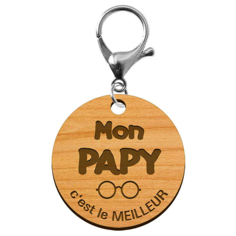 Porte-clé cadeau PAPY personnalisable en bois "Mon PAPY c'est le meilleur" mousqueton argenté