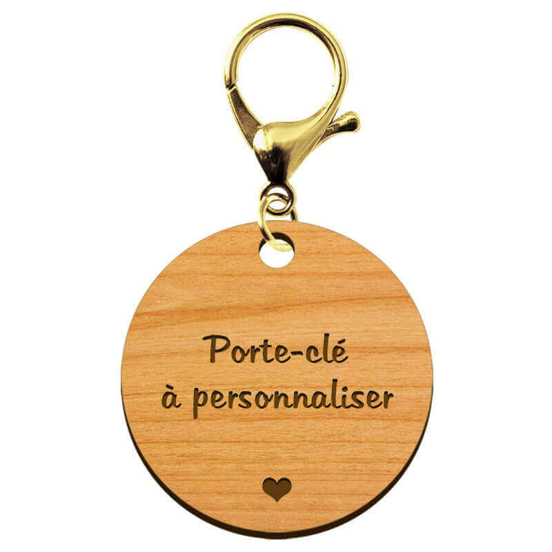 Porte clé cadeau personnalisé rond 45 mm bois mousqueton doré