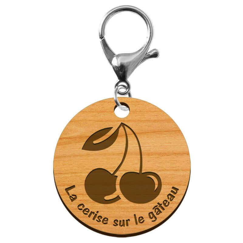 Porte-clé CERISE en bois "La cerise sur le gâteau" à personnaliser mousqueton argenté