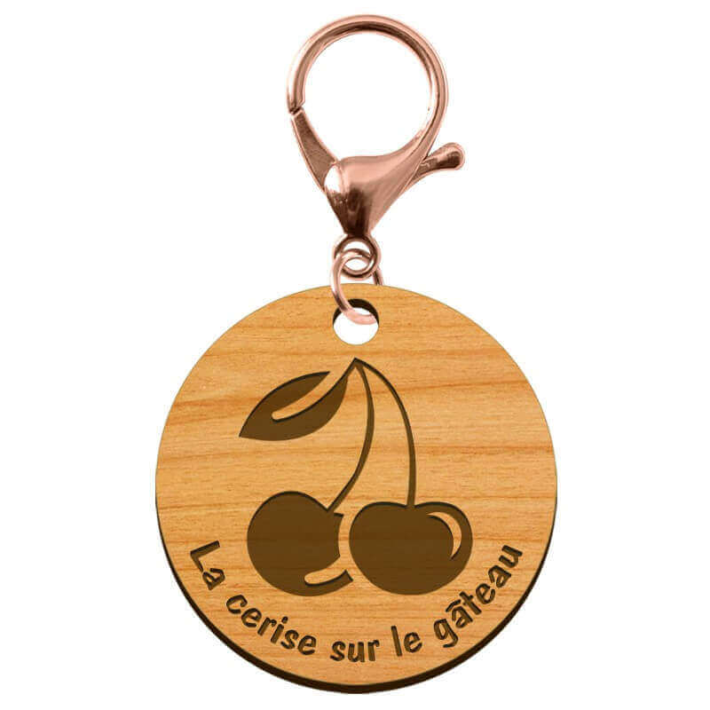Porte-clé CERISE en bois personnalisé mousqueton rose