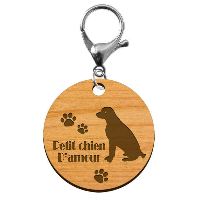 Porte clé chien rond en bois 45 mm avec mousqueton argenté