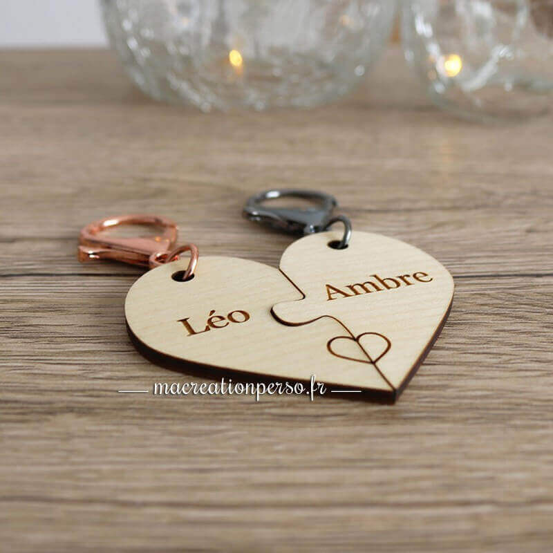 Porte clé coeur personnalisé Prénom Léo et Prénom Ambre