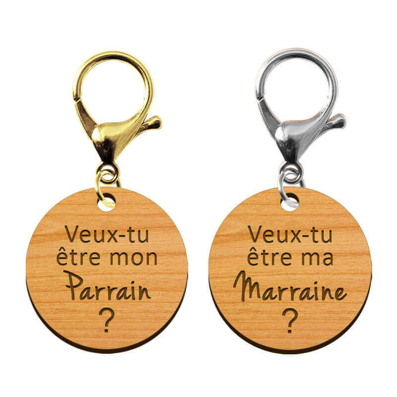 Deux porte clefs demande parrain et marraine avec mousqeton doré et argenté