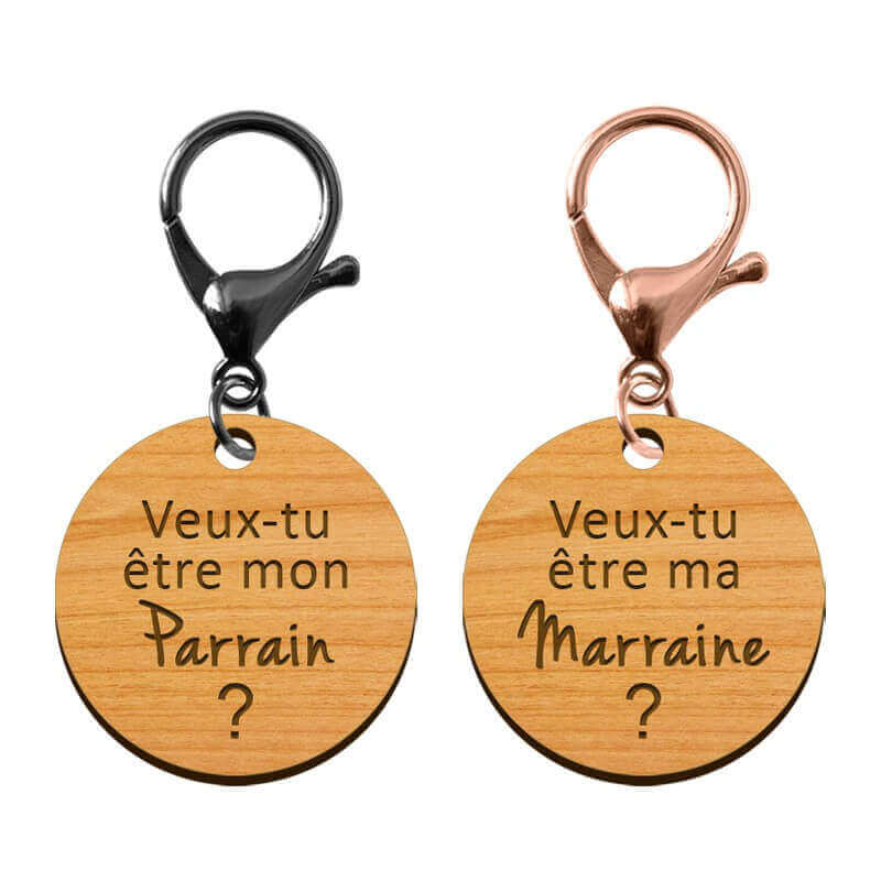 Porte-clé duo en bois - Veux-tu être mon Parrain / Marraine? mousqueton noir et mousqueton rose