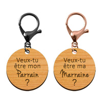 Porte-clé duo en bois - Veux-tu être mon Parrain / Marraine? mousqueton noir et mousqueton rose