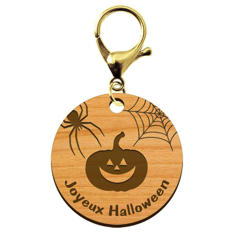 Porte-clé Halloween personnalisé en bois "Joyeux Halloween" mousqueton doré