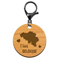 Porte-clé "I love Belgique" en bois à personnaliser mousqueton noir