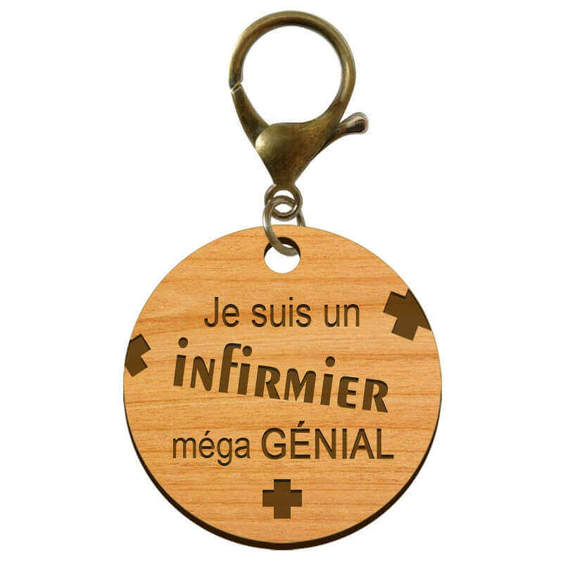 Porte clé infirmier personnalisé bois mousqueton bronze