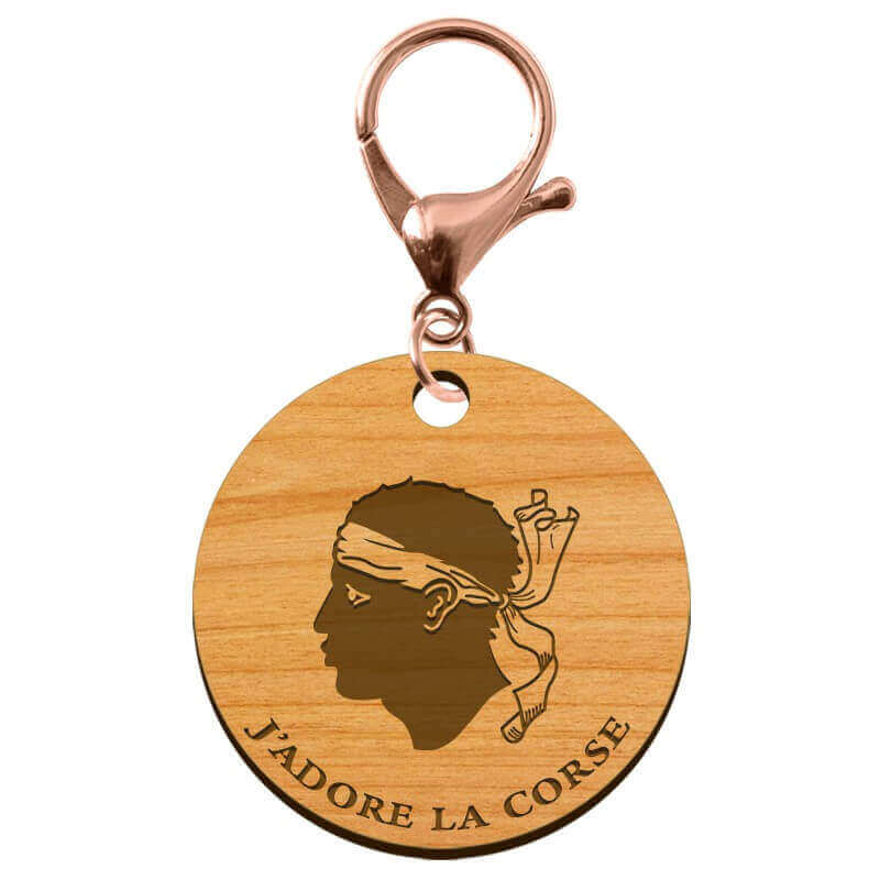 Porte clé "J'adore la CORSE" bandera personnalisé avec un mousqueton rose métallique