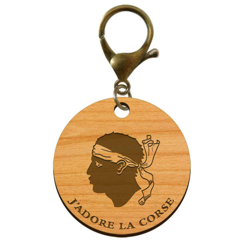 Porte-clé "J'adore la CORSE" en bois à personnaliser avec un mousqueton bronze