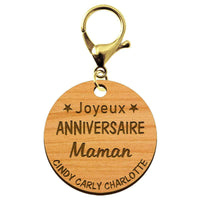 Porte-clé "Joyeux anniversaire Maman" prénoms à personnaliser mousqueton doré