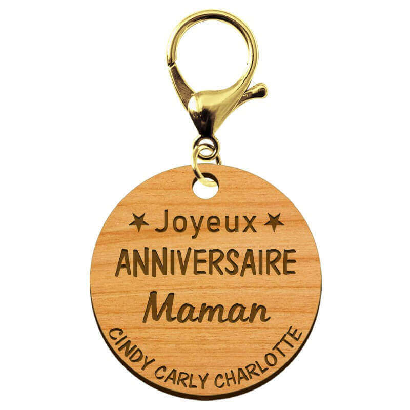 Porte-clé "Joyeux anniversaire Maman" prénoms à personnaliser mousqueton doré