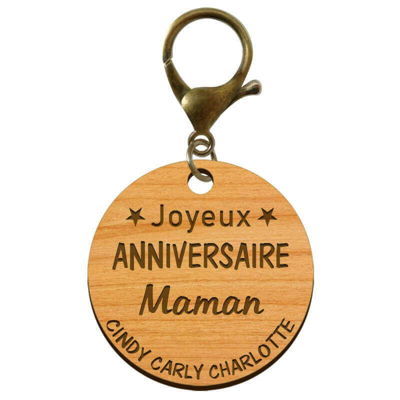 Porte-clé "Joyeux anniversaire Maman" prénoms à personnaliser mousqueton bronze