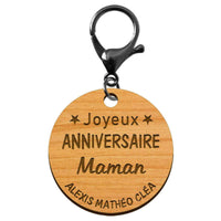 Porte-clé "Joyeux anniversaire Maman" prénoms à personnaliser mousqueton noir