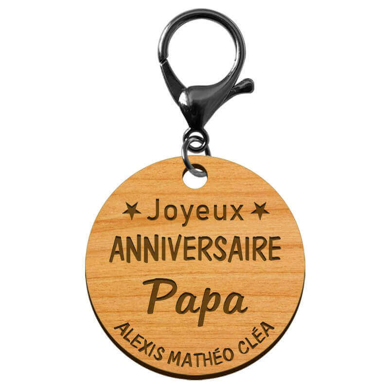 Porte-clé "Joyeux anniversaire Papa" prénoms à personnaliser mousqueton noir