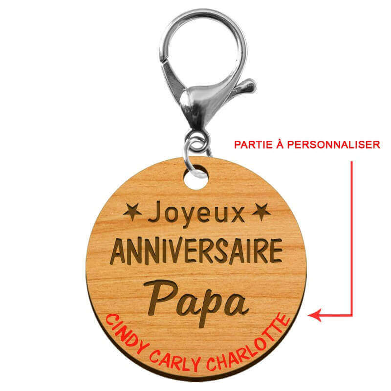 Porte-clé "Joyeux anniversaire Papa" prénoms à personnaliser mousqueton argenté
