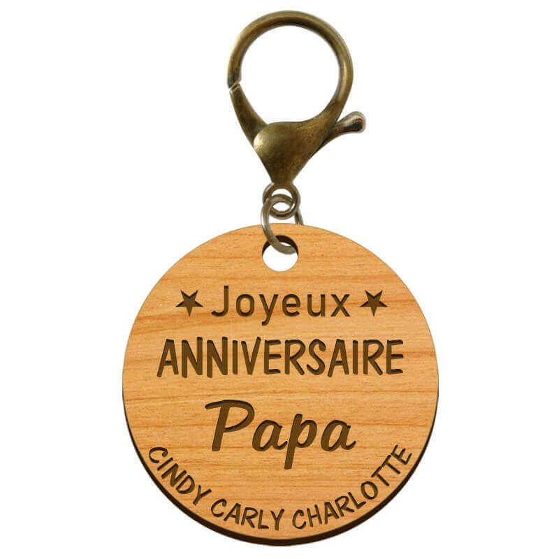 Porte-clé "Joyeux anniversaire Papa" prénoms à personnaliser mousqueton bronze
