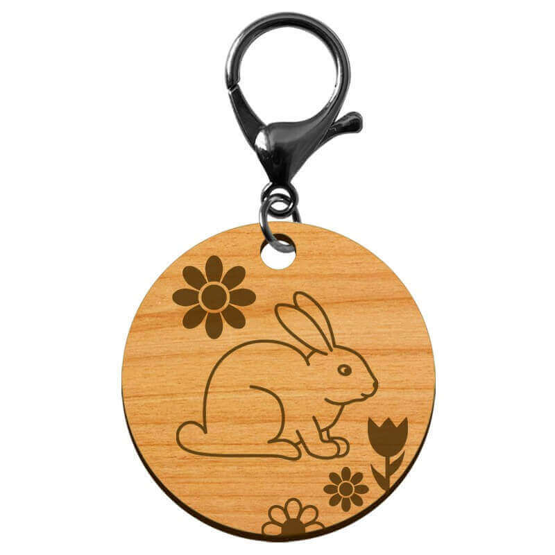 Porte clé lapin personnalisé en bois rond 45 mm mousqueton noir