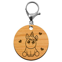 Porte clé licorne en bois personnalisé rond en bois 45 mm mousqueton argenté