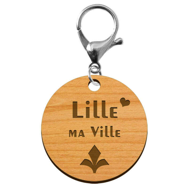 Porte clé Lille ma ville rond en bois 45 mm avec mousqueton argenté