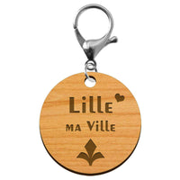 Porte clé Lille ma ville rond en bois 45 mm avec mousqueton argenté