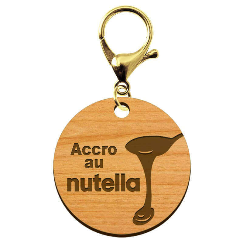 Porte-clé nutella personnalisé en bois "Accro au nutella" mousqueton doré