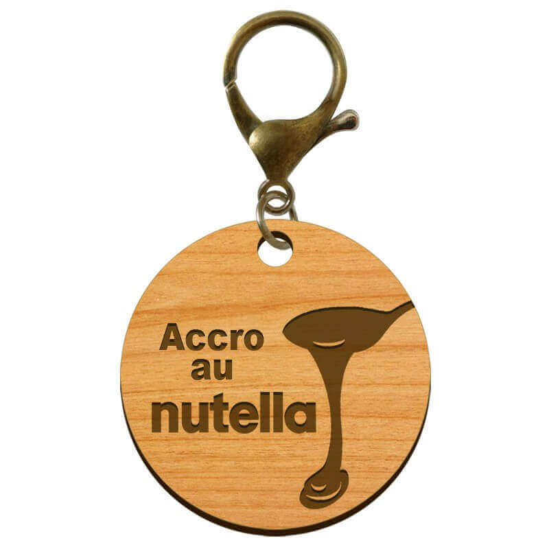 Porte-clé nutella personnalisé en bois "Accro au nutella" mousqueton bronze