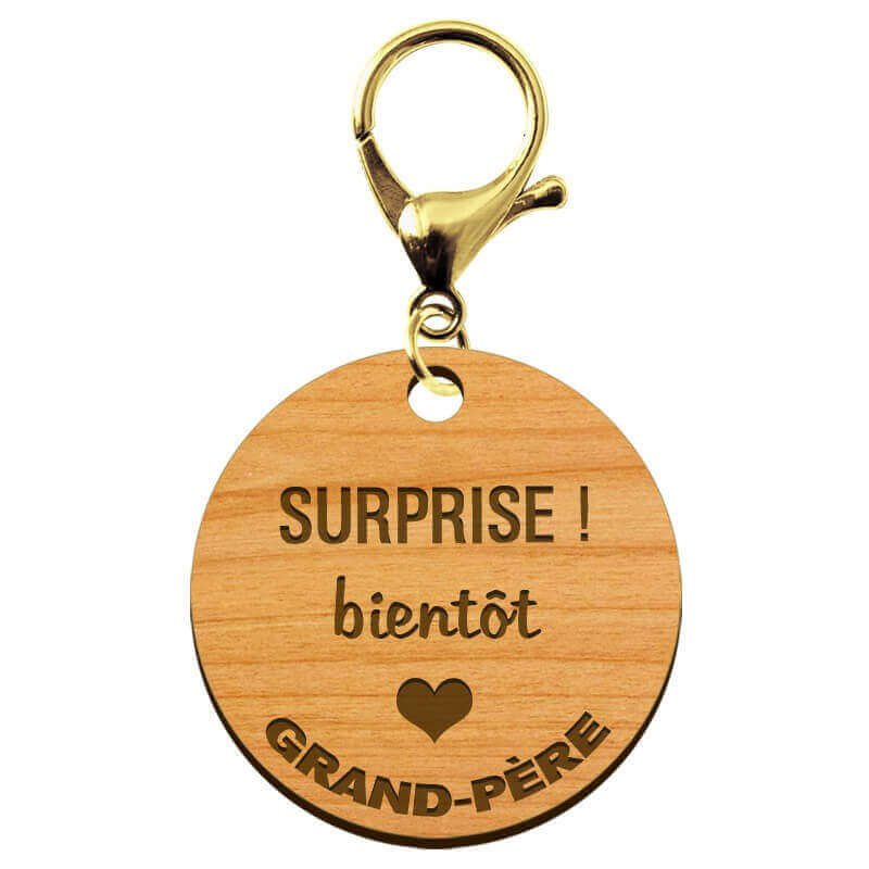 Porte-clé Papy "SURPRISE bientôt Grand-père" personnalisé mousqueton doré