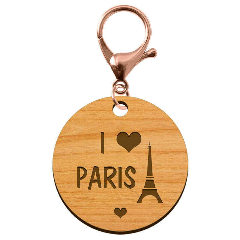 Porte clé Paris amoureux personnalisé en bois mousqueton rose