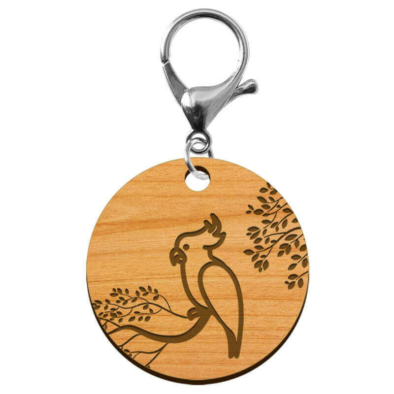 Porte clé perroquet rond à personnaliser en bois 45 mm mousqueton argenté