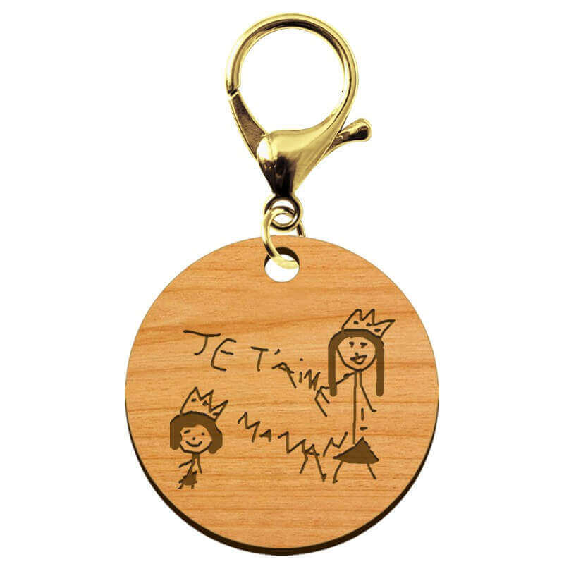 Porte-clé personnalisable en bois dessin de taille 50 mm avec mousqueton doré