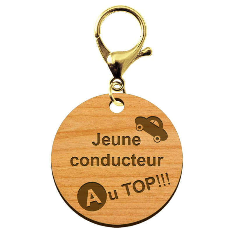 Porte-clé personnalisable en bois Jeune conducteur AU TOP de taille 45 mm avec mousqueton doré