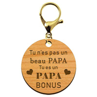 Porte-clé personnalisable en bois Papa bonus de taille 45 mm avec mousqueton doré