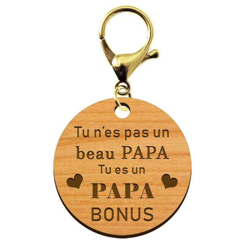 Porte-clé personnalisable en bois Papa bonus de taille 45 mm avec mousqueton doré
