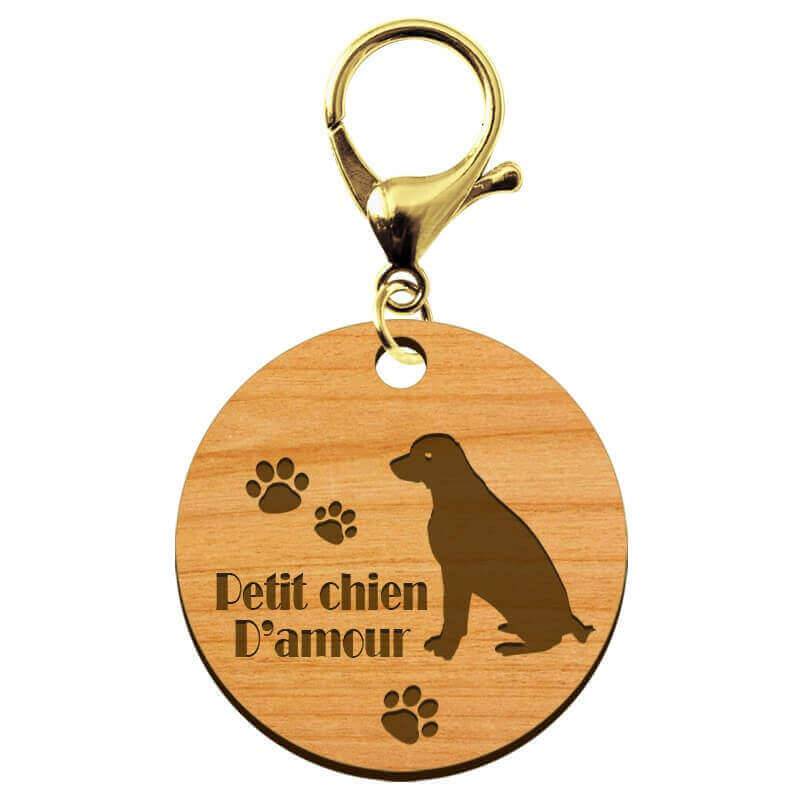 Porte-clé personnalisable en bois Petit chien D’amour de taille 45 mm avec mousqueton doré