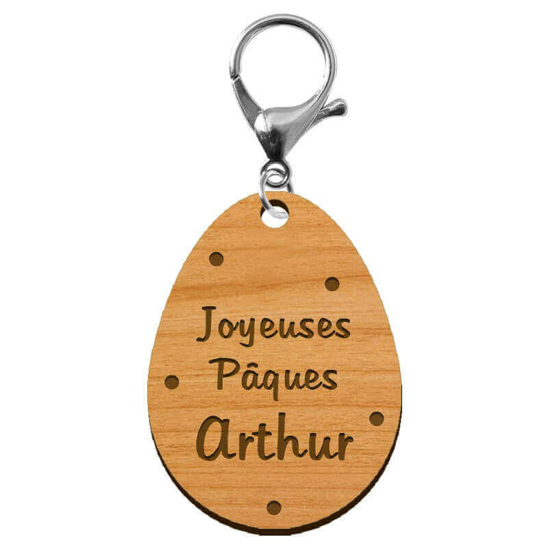 Porte-clé personnalisé en bois - Édition Limitée - Oeuf de Pâques mousqueton argenté