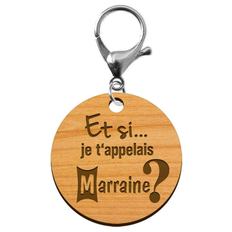 Porte-clé personnalisé en bois marraine avec mousqueton argenté