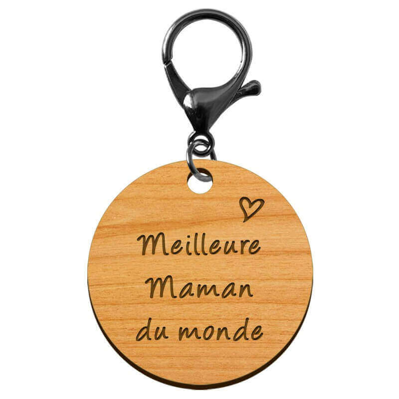 Porte-clé personnalisé en bois - Meilleure Maman du monde" - 45 mm - Verso à personnaliser mousqueton noir