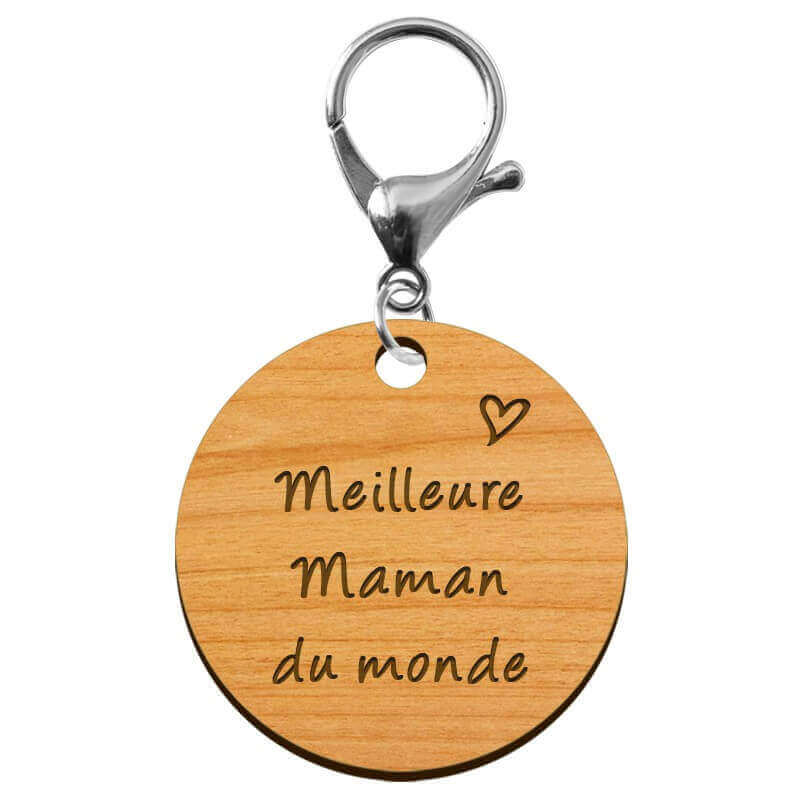Porte-clé personnalisé en bois - Meilleure Maman du monde" - 45 mm - Verso à personnaliser mousqueton argenté