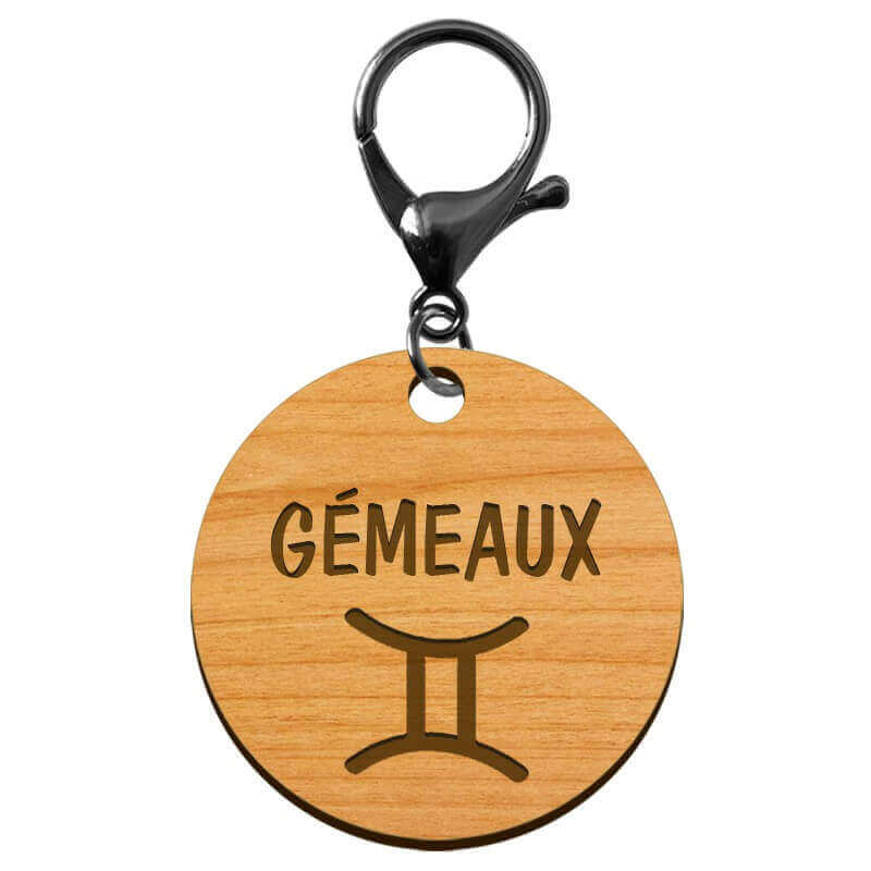 Porte-clé personnalisé bois signe du gémeaux mousqueton noir