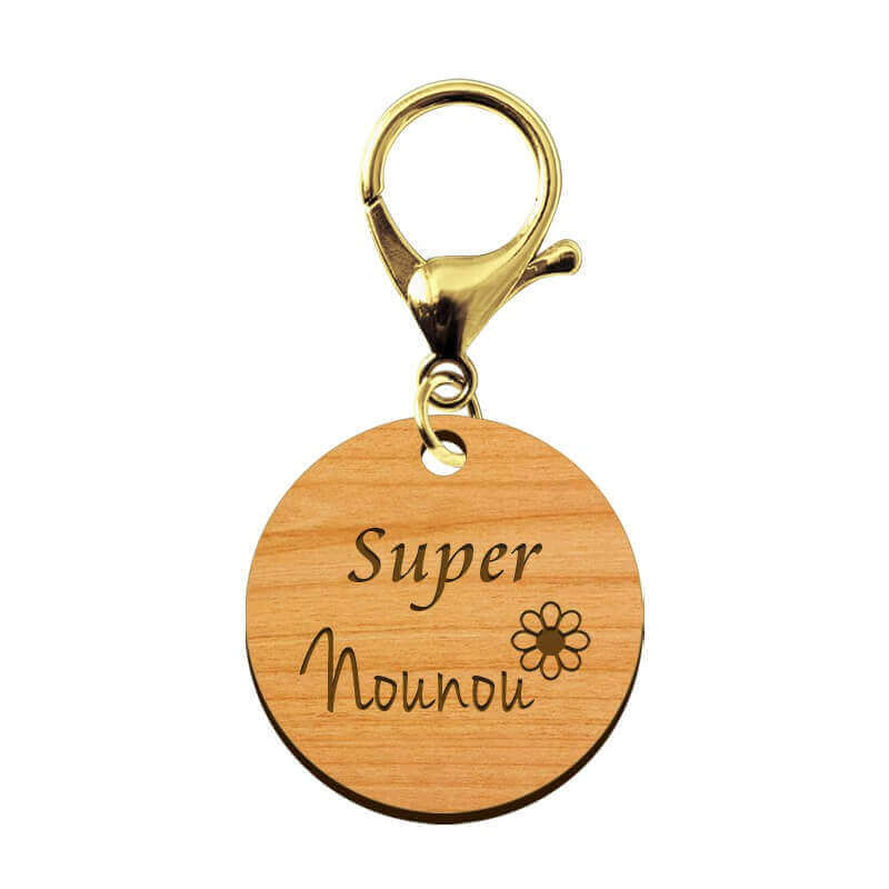 Porte-clé personnalisé en bois - Super Nounou mousqueton doré