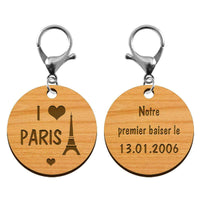 Porte-clé personnalisé gravé j'aime Paris bois mousqueton argenté