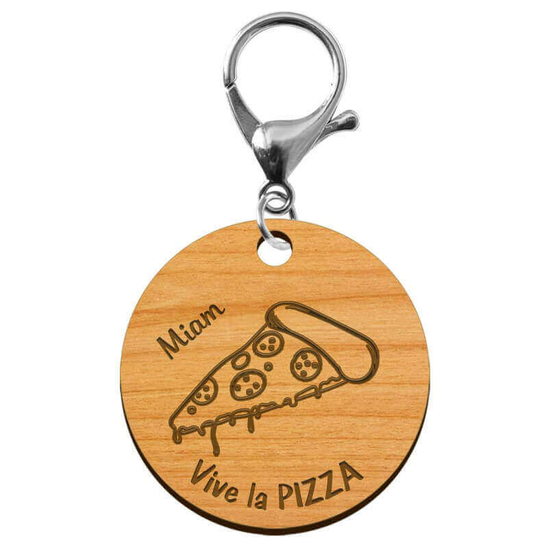 Porte-clé PIZZA en bois "Vive la PIZZA miam" personnalisé mousqueton argenté