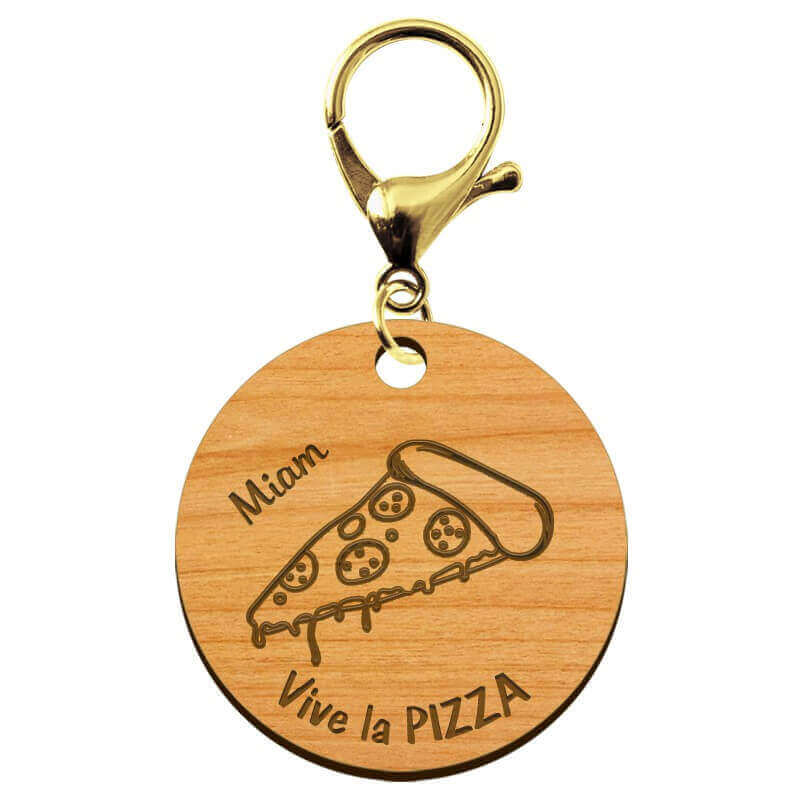 Porte-clé PIZZA en bois "Vive la PIZZA miam" personnalisé mousqueton doré
