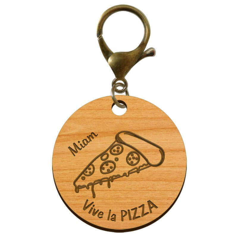Porte-clé PIZZA en bois "Vive la PIZZA miam" personnalisé mousqueton bronze