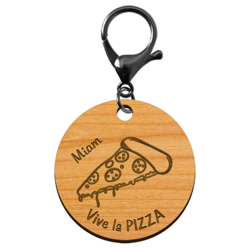 Porte-clé PIZZA en bois "Vive la PIZZA miam" personnalisé mousqueton noir